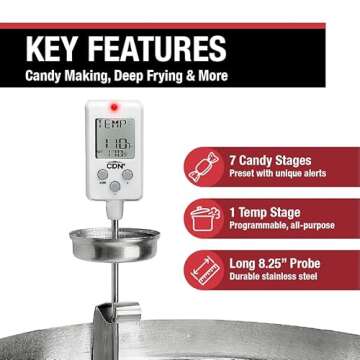 CDN Digital Candy Thermometer Long 8'' Stainless Steel Stem, Adjustable Pot Clip, Preset Candy Stage...