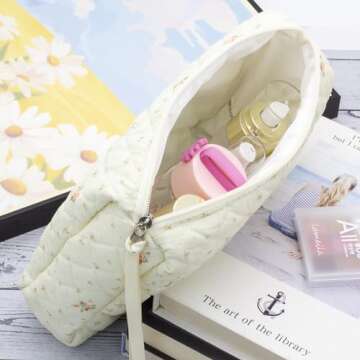 PAZIMIIK Cotton Makeup Bag for Women Large Quilted Travel Cosmetic Pouch Girls' Make Up Organizer,Fl...
