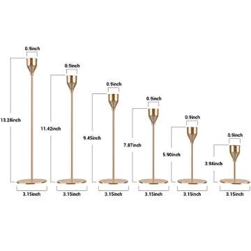 Gold Candle Holders Set,6 PCS Taper Candle Holders Brass Candlestick Holders for 3/4Inch Thick Candles/LED Taper Candles,Ideal for Wedding,Dinning,Party,Home Decorating,Anniversary