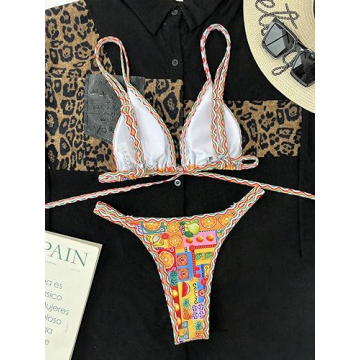 Sexy Micro Triangle Thong Bikini Multicolor Print Beachwear