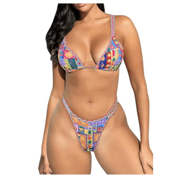 Sexy Micro Triangle Thong Bikini Multicolor Print Beachwear