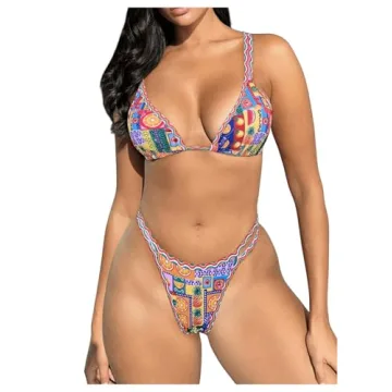 Sexy Micro Triangle Thong Bikini Multicolor Print Beachwear