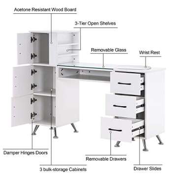 BarberPub Manicure Table, Nail Makeup Desk with Drawers, Storage Beauty Salon Workstation 2611 (White)