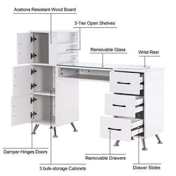 BarberPub Manicure Table, Nail Makeup Desk with Drawers, Storage Beauty Salon Workstation 2611 (White)