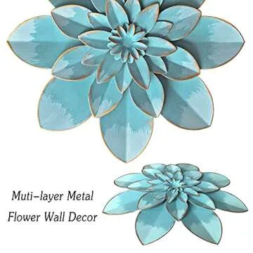Picfarce Light Sky Blue Metal Flower Wall Art Decor, 9.5" Rustic Modern Floral Sculpture
