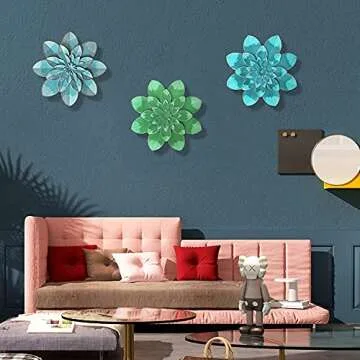 Picfarce Sky Blue Metal Flower Wall Art for Home Decor