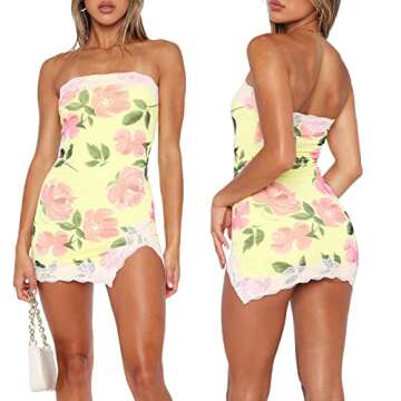 Women Sexy Lace Trim Strapless Mini Dress for Summer