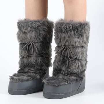 IXU Women's Faux Fur Boots Furry Snow Boots for Women Mid Calf Winter Boots Black White Brown Grey F...