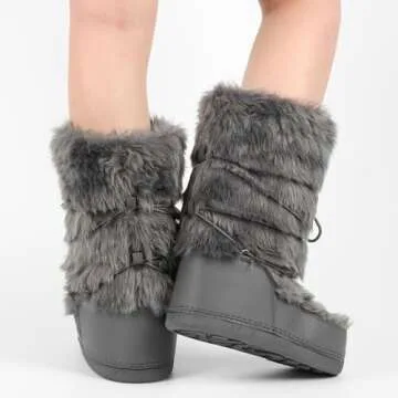 IXU Women's Faux Fur Boots Furry Snow Boots for Women Mid Calf Winter Boots Black White Brown Grey Fluffy Boots Fuzzy Custome Shoes