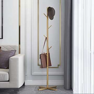 Jolitac Modern Metal Coat Rack in Gold Free Standing 7 Hooks Hall Tree in Corner, Hat Hanger & Coat ...