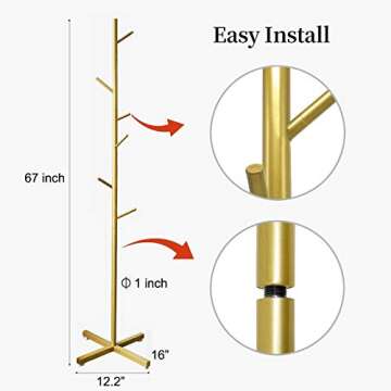 Jolitac Modern Metal Coat Rack in Gold Free Standing 7 Hooks Hall Tree in Corner, Hat Hanger & Coat Racks Stand Entryway Organizer for Clothes, Bags, Umbrella (Golden)