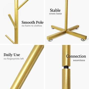 Jolitac Modern Metal Coat Rack in Gold Free Standing 7 Hooks Hall Tree in Corner, Hat Hanger & Coat Racks Stand Entryway Organizer for Clothes, Bags, Umbrella (Golden)