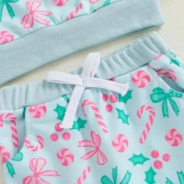 PUHHAPIEY Baby Girl Fall Winter Outfits Toddler Clothes Long Sleeve Bow Printed Crewneck Sweatshirt + Pants Set (Pale Turquoise, 3-4T)