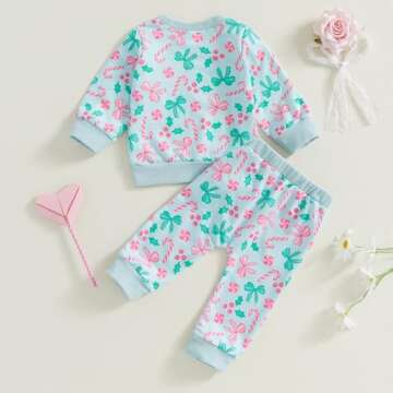 PUHHAPIEY Baby Girl Fall Winter Outfits Toddler Clothes Long Sleeve Bow Printed Crewneck Sweatshirt + Pants Set (Pale Turquoise, 3-4T)