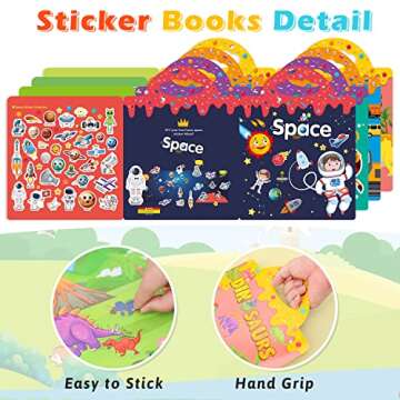 Sticker Book Reusable - 4 Sets Sticker Pads - Removable Stickers Toy for Kids Fashion Activity, Creative Sticker Story Books for Toddlers Age 3+ Birthday Gifts (Animals, Dinosaurs, Space, Vehicles)