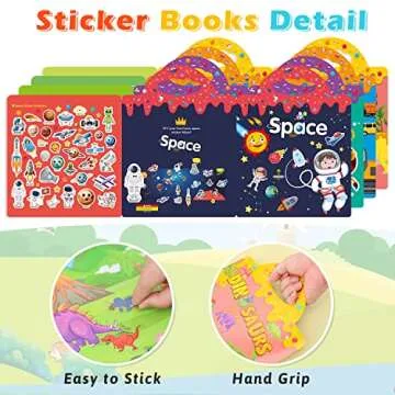 Sticker Book Reusable - 4 Sets Sticker Pads - Removable Stickers Toy for Kids Fashion Activity, Creative Sticker Story Books for Toddlers Age 3+ Birthday Gifts (Animals, Dinosaurs, Space, Vehicles)