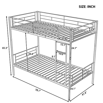 Modern Twin Over Twin Metal Bunk Bed with Ladder Safety Rail