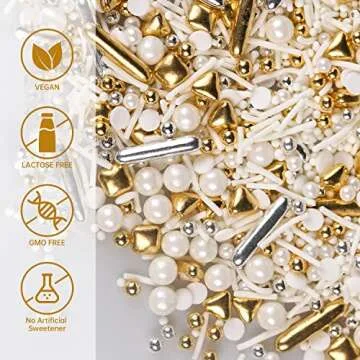 White Deluxe Gold Sprinkles for Cake Decorating 7ounce - Gold Sugar Pearl Metallic Sprinkles for Cupcake Toppers, Ice Cream, Candy, Cookie Decorations - Jimmies, Confetti for Wedding Party Celebrations