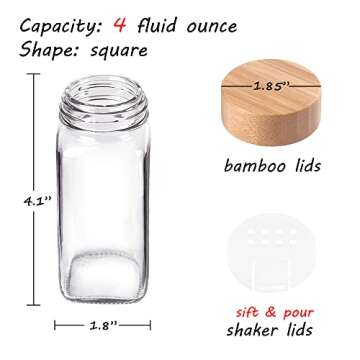 Churboro 24 Spice Jars with Labels & Bamboo Lids - 4 Oz Glass Containers with Shaker Lids, 547 Spice Labels of 3 Different Types Seasoning Jars for Spice Rack, Cabinet, or Drawer