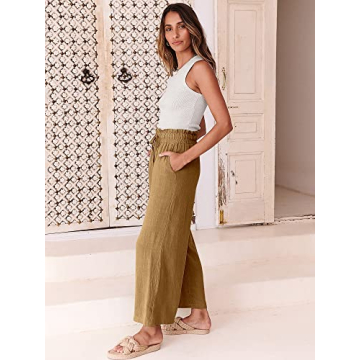 ANRABESS Women Linen Pants Casual Loose High Waist Boho Wide Leg Cropped Palazzo Beach Pants Summer Outfits 2025 Trendy Small Dark Khaki