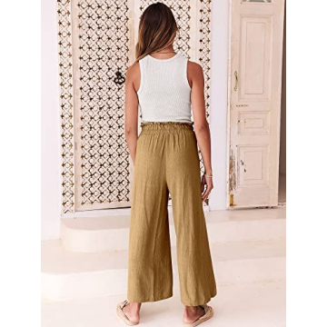 ANRABESS Women Linen Pants Casual Loose High Waist Boho Wide Leg Cropped Palazzo Beach Pants Summer Outfits 2025 Trendy Small Dark Khaki
