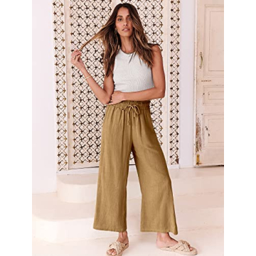 ANRABESS Women Linen Pants Casual Loose High Waist Boho Wide Leg Cropped Palazzo Beach Pants Summer Outfits 2025 Trendy Small Dark Khaki