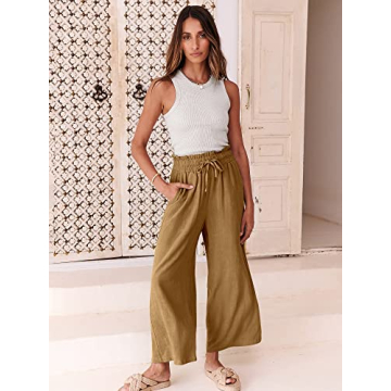 ANRABESS Women Linen Pants Casual Loose High Waist Boho Wide Leg Cropped Palazzo Beach Pants Summer Outfits 2025 Trendy Small Dark Khaki