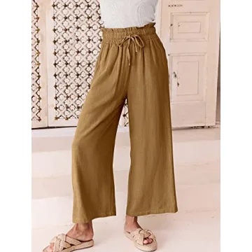 ANRABESS Women Linen Pants Casual Loose High Waist Boho Wide Leg Cropped Palazzo Beach Pants Summer Outfits 2025 Trendy Small Dark Khaki
