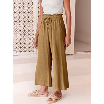 ANRABESS Women Linen Pants Casual Loose High Waist Boho Wide Leg Cropped Palazzo Beach Pants Summer Outfits 2025 Trendy Small Dark Khaki