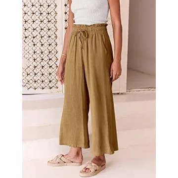 ANRABESS Women Linen Pants Casual Loose High Waist Boho Wide Leg Cropped Palazzo Beach Pants Summer Outfits 2025 Trendy Small Dark Khaki