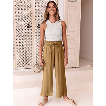 ANRABESS Women Linen Pants Casual Loose High Waist Boho Wide Leg Cropped Palazzo Beach Pants Summer Outfits 2025 Trendy Small Dark Khaki