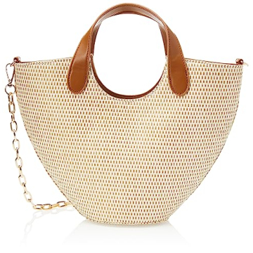 The Drop Women's Jade Straw Tote with Chain Strap, Cognac, one size