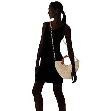 The Drop Women's Jade Straw Tote with Chain Strap, Cognac, one size