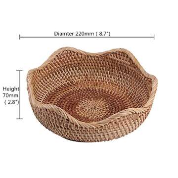 AMOLOLO Handmade Rattan Round Fruit Basket Food Storage Bowls Kitchen Organizer Snack Serving Bowl W...