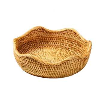 AMOLOLO Handmade Rattan Round Fruit Basket Food Storage Bowls Kitchen Organizer Snack Serving Bowl Wavy Edge Circle Tray Basket, Boho Home Décor Display Tray for Coffee Table, Dining Room (Small 8.7")