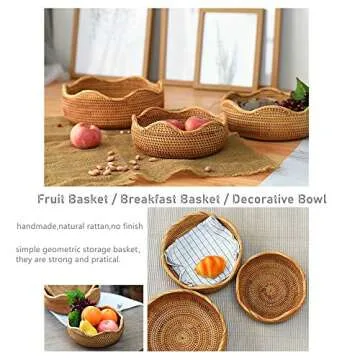 AMOLOLO Handmade Rattan Round Fruit Basket Food Storage Bowls Kitchen Organizer Snack Serving Bowl Wavy Edge Circle Tray Basket, Boho Home Décor Display Tray for Coffee Table, Dining Room (Small 8.7")