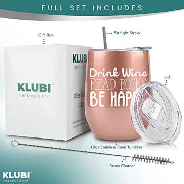 KLUBI Book Club Gifts for Women - 12 oz Rose Gold Tumbler for Reading