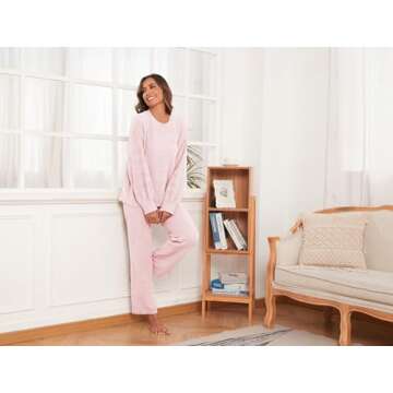 Famulily Womens Casual Fuzzy Lounge Pajamas Sets Long Sleeve Fleece Pullover and Pants Set 2 Piece Fluffy Sleepwear Pink S