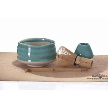 CHAQI Matcha Accessories Kit Include 5 items-100 Prongs Bamboo Whisk Chasen,Bamboo Scoop,Stainless Steel Tea Sifter and Ceramic Matcha Bowl & Whisk Holder (Cyan)