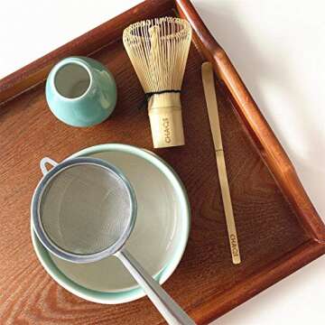 CHAQI Matcha Accessories Kit Include 5 items-100 Prongs Bamboo Whisk Chasen,Bamboo Scoop,Stainless Steel Tea Sifter and Ceramic Matcha Bowl & Whisk Holder (Cyan)