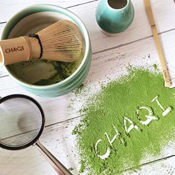 CHAQI Matcha Accessories Kit Include 5 items-100 Prongs Bamboo Whisk Chasen,Bamboo Scoop,Stainless Steel Tea Sifter and Ceramic Matcha Bowl & Whisk Holder (Cyan)