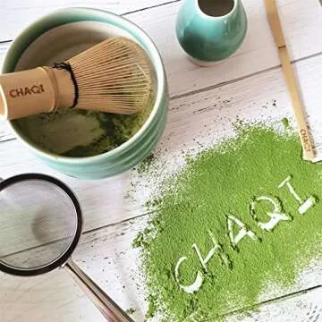 CHAQI Matcha Accessories Kit Include 5 items-100 Prongs Bamboo Whisk Chasen,Bamboo Scoop,Stainless Steel Tea Sifter and Ceramic Matcha Bowl & Whisk Holder (Cyan)