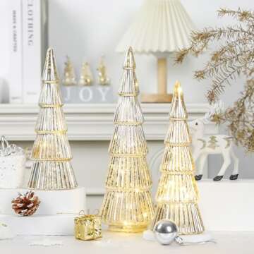 Allbaiyl 3 Pcs Mercury Glass Christmas Tree with Lights Table Top Gold Christmas Tree Holiday Home T...