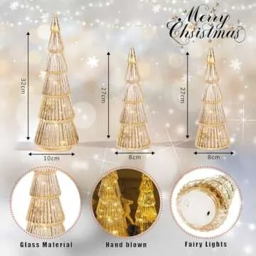 Allbaiyl 3 Pcs Mercury Glass Christmas Tree with Lights Table Top Gold Christmas Tree Holiday Home Tabletop Centerpieces Mantle Decor (Gold)