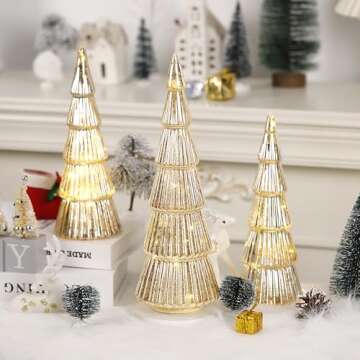 Allbaiyl 3 Pcs Mercury Glass Christmas Tree with Lights Table Top Gold Christmas Tree Holiday Home Tabletop Centerpieces Mantle Decor (Gold)