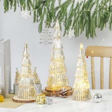 Allbaiyl 3 Pcs Mercury Glass Christmas Tree with Lights Table Top Gold Christmas Tree Holiday Home Tabletop Centerpieces Mantle Decor (Gold)
