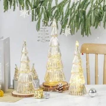 Allbaiyl 3 Pcs Mercury Glass Christmas Tree with Lights Table Top Gold Christmas Tree Holiday Home Tabletop Centerpieces Mantle Decor (Gold)