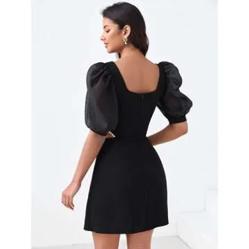 Elegant Mini Dress with Puff Sleeves and Pearls
