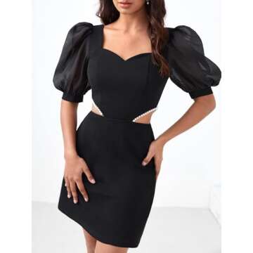 Elegant Mini Dress with Puff Sleeves and Pearls