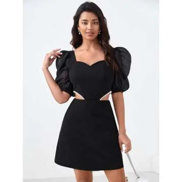 Elegant Mini Dress with Puff Sleeves and Pearls